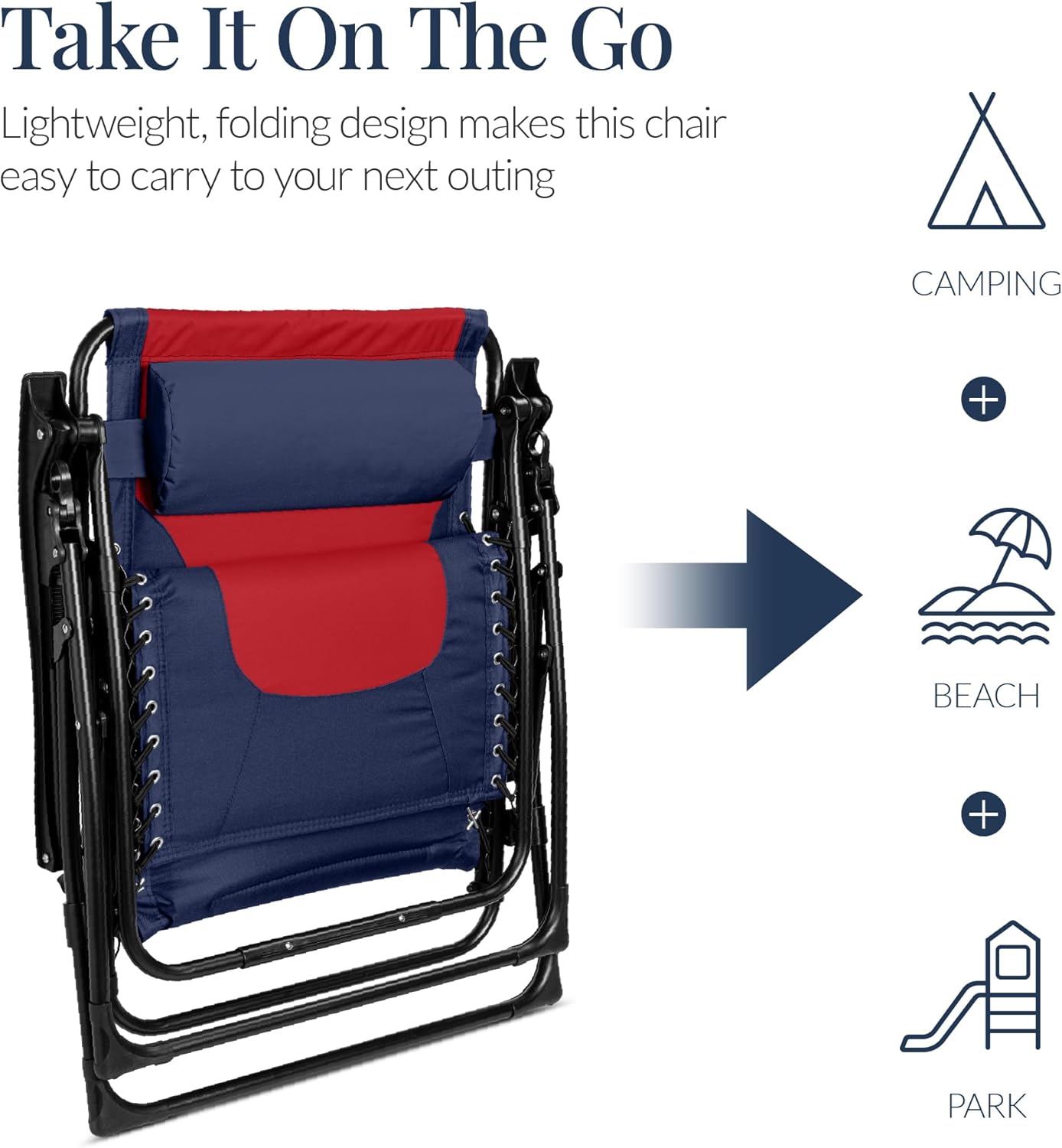 Best Choice Products - Oversized Padded Zero Gravity Chair, Folding Recliner w/ Headrest, Side Tray - Navy/Red