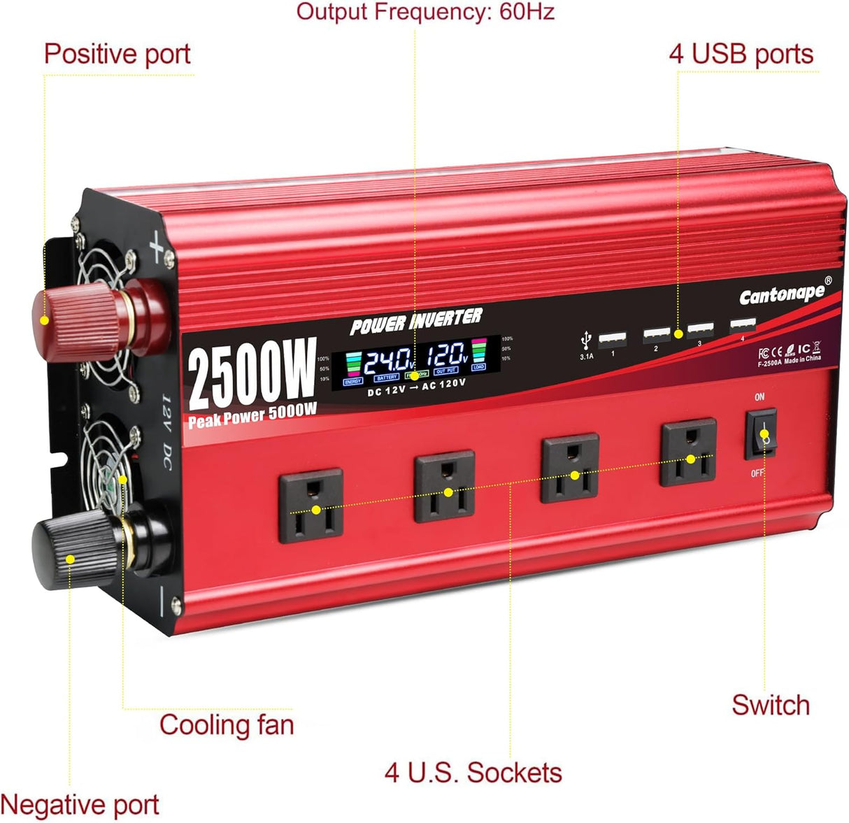 Cantonape 2500W Power Inverter 24V to 110V DC to AC with LCD Display, Remote Controller 4 x AC Outlets and 4 x 3.1A USB Car Adapter for Car Truck Boat RV  New