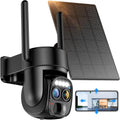 Hawkray Pannel Solar Wireless Outdoor Security Camera， Dual-Lens, 10xZoom, 2K Resolution 3MP 360°Pan/Tilt，2.4&5G WiFi Battery Powered Camera with Spotlight Alarm PIR Motion Detection