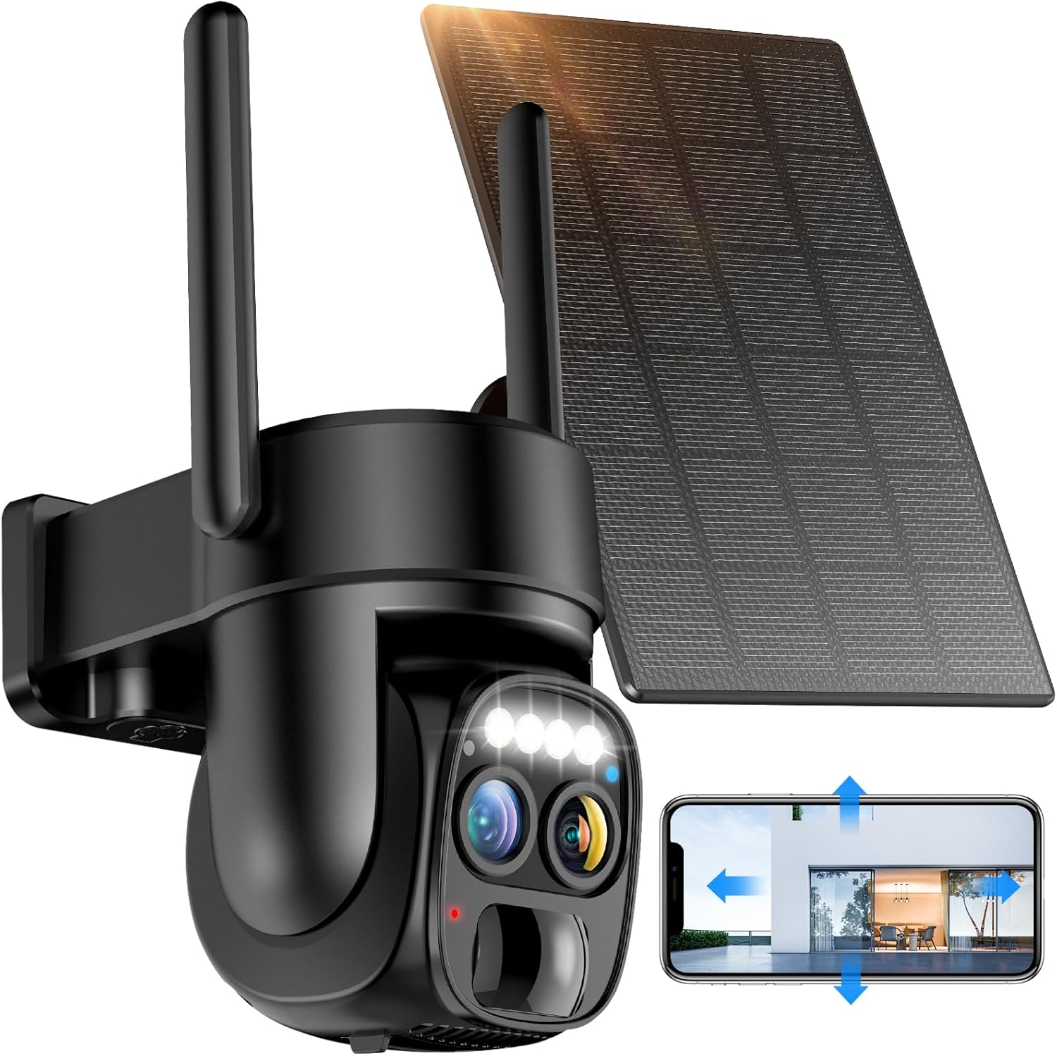 Hawkray Pannel Solar Wireless Outdoor Security Camera， Dual-Lens, 10xZoom, 2K Resolution 3MP 360°Pan/Tilt，2.4&5G WiFi Battery Powered Camera with Spotlight Alarm PIR Motion Detection