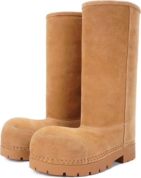 LACIKOSZ Faux Suede Platform Fuzzy Snow Boots Round Toe Hippy Winter Boots Slip On Knee High Chunky Heel Fur Tall Boots for Women Size: 8