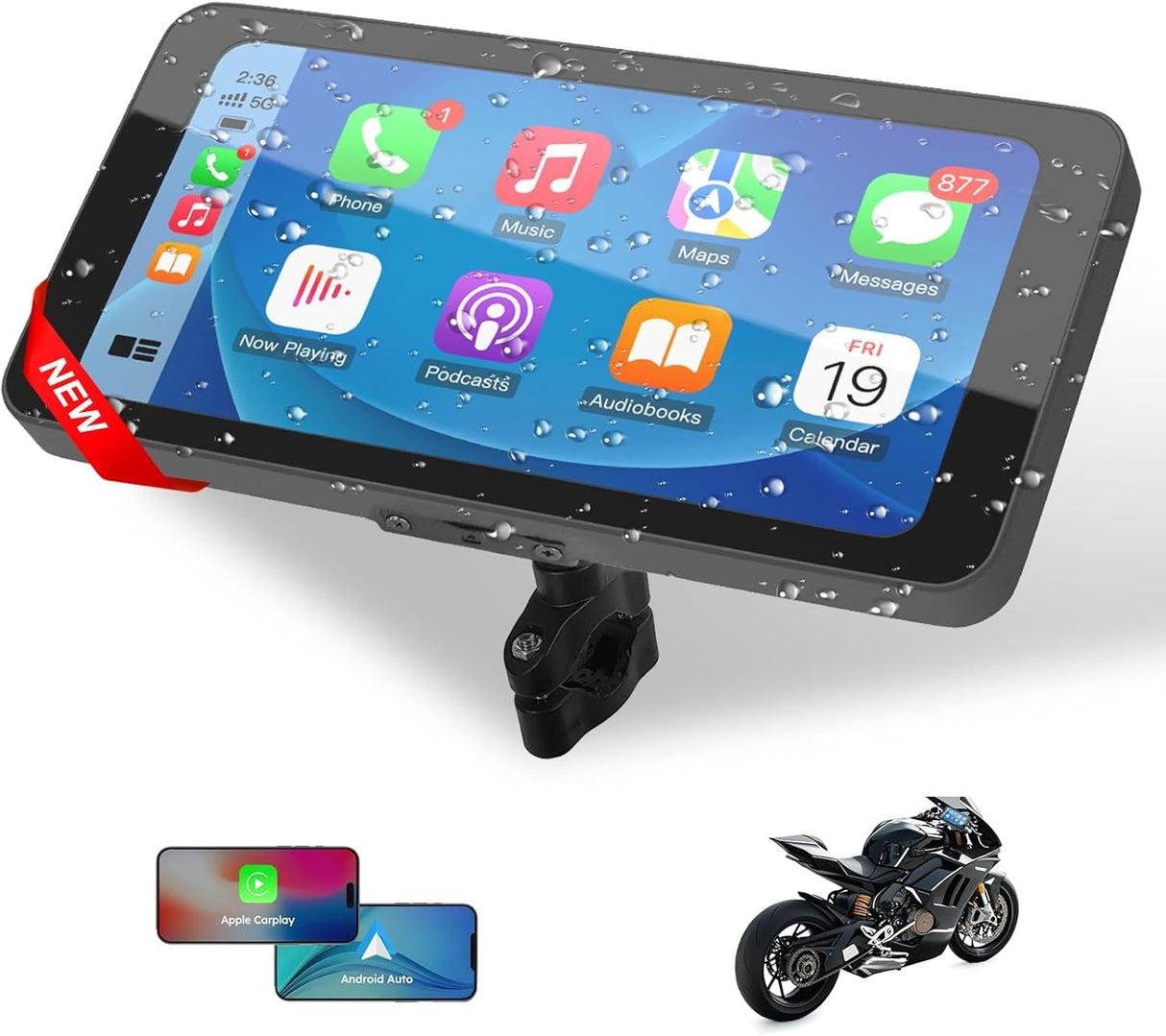 Motorcycle CarPlay & Android Auto with GPS Navigation, IP67 Waterproof Touchscreen