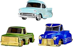 CarTuned 3 Pack Series 1 Cruizn Da BLVD & Drip'd 1957 Chevy Bel Air Kandy Light Blue Lowrider, 1987 Chevy C10 Truck Kandy Green Lowrider, 1953 Chevy Pickup Kandy Dark Blue Lowrider, Diecast, Ages 6+ (New, Open Box) *Damaged Box*