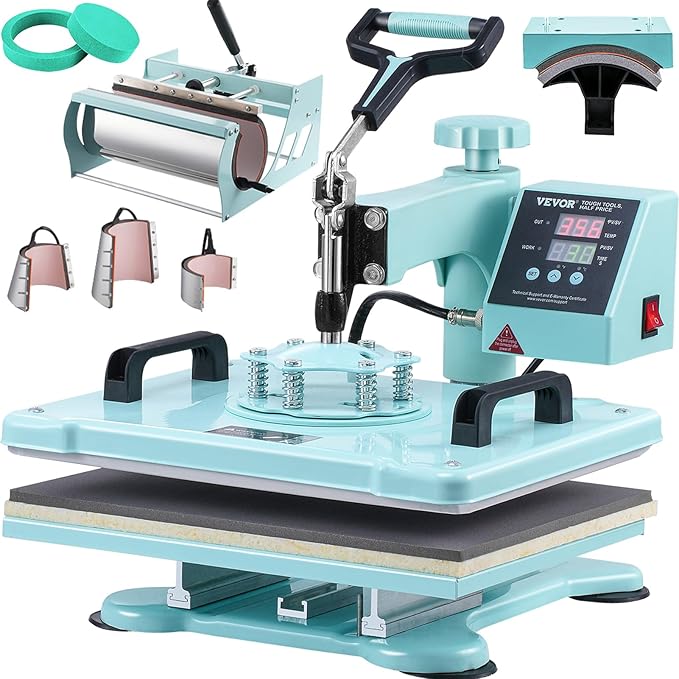 VEVOR 8 in 1 Heat Press with 30 OZ Tumbler Press, Hat Press, 360° Swing Away 12 x 15 inch Heat Press Machine for T-Shirts/Mugs/Hats/Plates, Light Green