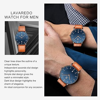 L LAVAREDO Watch for Men, Extremely Thin Mens Watches Minimalist Analog Men's Leather Wrist Watches with Time/Date, (OPEN BOX)