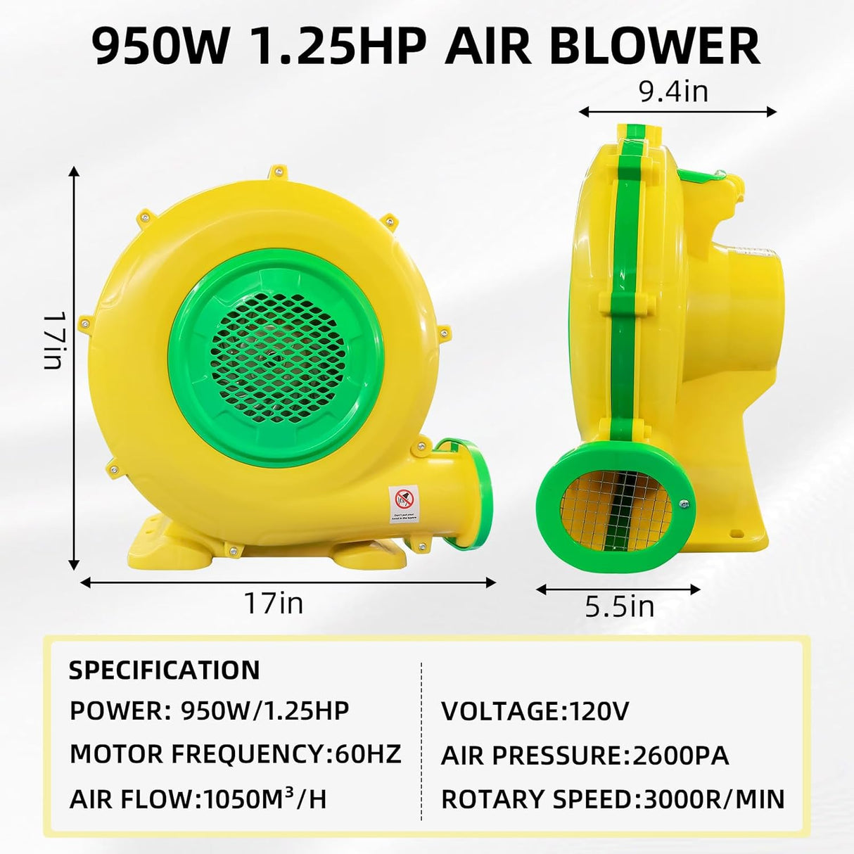 Air Blower, 950W 1.25HP Bounce House Blower, Portable Pump Fan Blower Perfect for Inflatable Bounce House, Bouncy Castle, Jumper, Water Slide, Blower Corded(950 Watt 1.25HP)  NEW