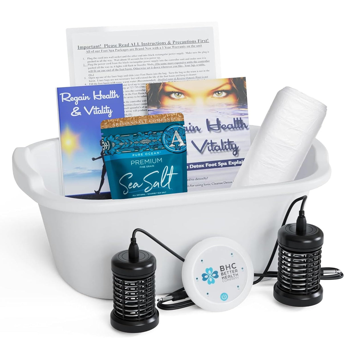 Ionic Foot Bath Detox Machine - Foot Spa Bath Free Regain Health & Vitality Booklet & Brochure - 2 Arrays, 20 Basin Liners, Detox Sea Salt, Basin 12QT (NEW, OPEN BOX)