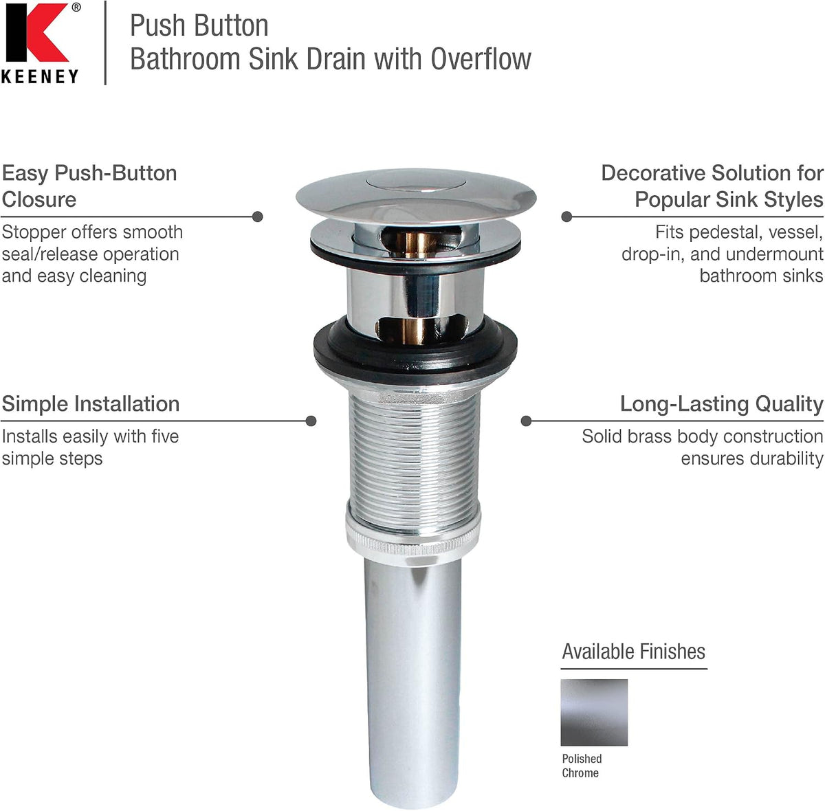 STYLEWISE by KEENEY - 1-1/4 in. Polished Chrome Brass Push-Button Bathroom Sink Drain - Model K820-75