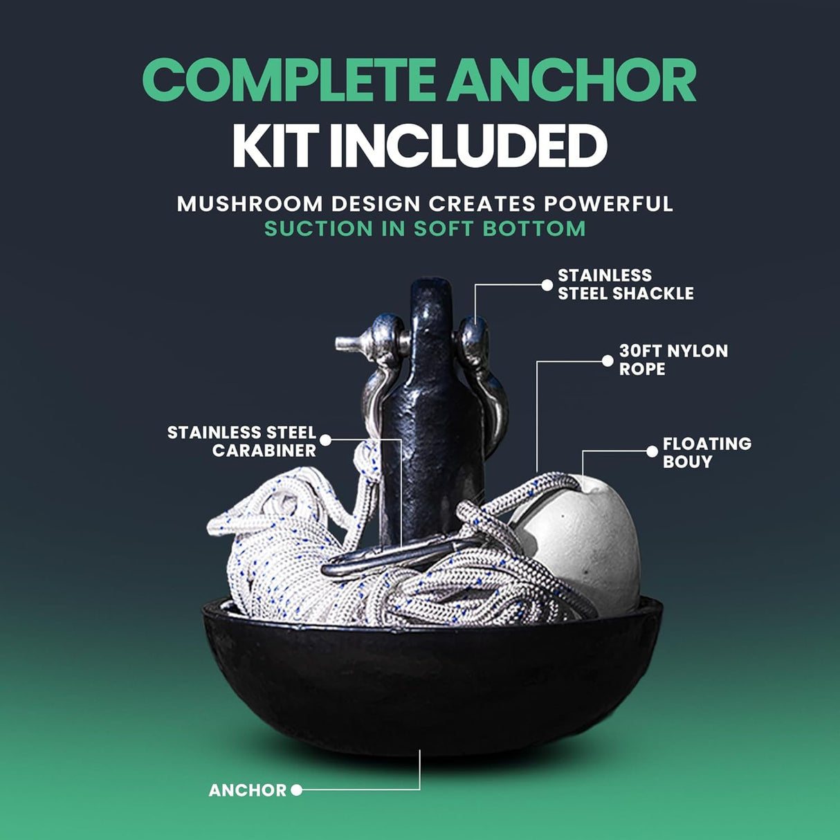 Newport Premium 15lb Mushroom Anchor Kit w/Bag, Rope, Buoy, & Stainless Hardware