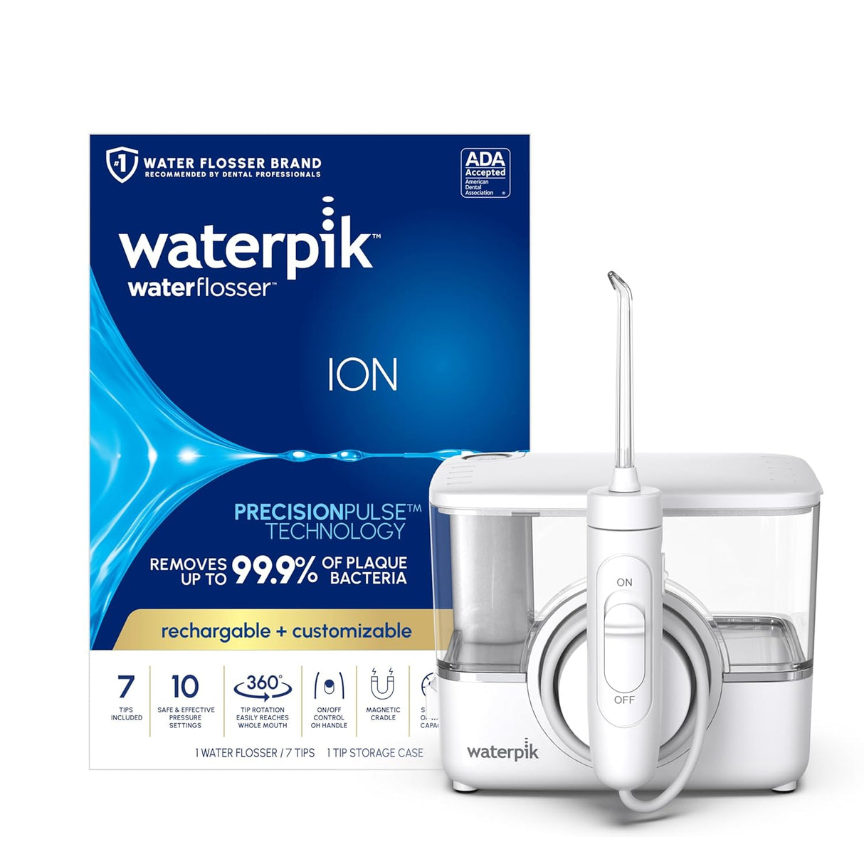 Waterpik ION Professional Water Flosser, Rechargeable and Portable for Teeth, Gums, Braces, 10 Settings, 7 Flossing Tips For Multiple Users And Needs, ADA Accepted, WF-12 White (NEW, OPEN BOX)