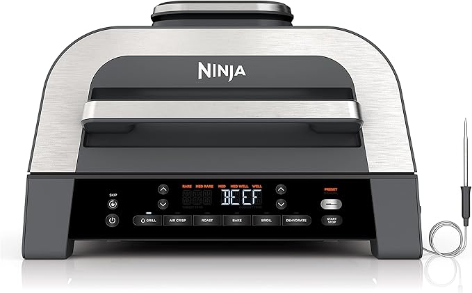 Ninja DG551 Foodi Smart XL 6-in-1 Indoor Grill with Air Fry, Roast, Bake, Broil, & Dehydrate, Foodi Smart Thermometer, 2nd Generation, Black/Silver (New, Open Box)