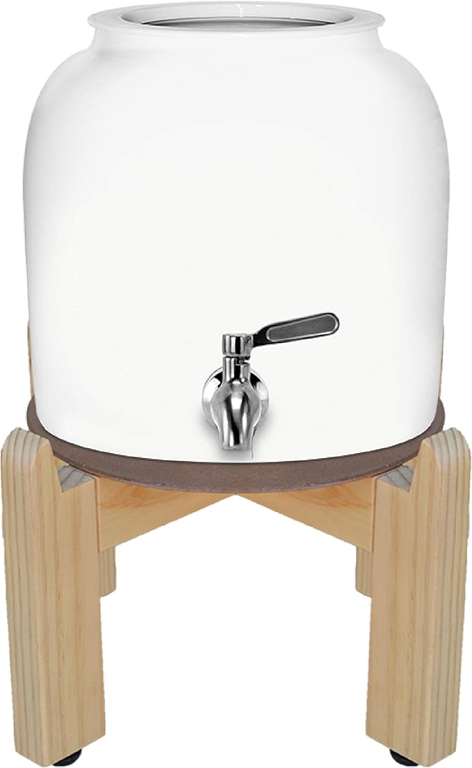 Geo Sports Porcelain Ceramic Crock Water Dispenser, 8 Inch Wood Stand, Stainless Steel Faucet, Fits 3 to 5 Gallon Jugs. (White)