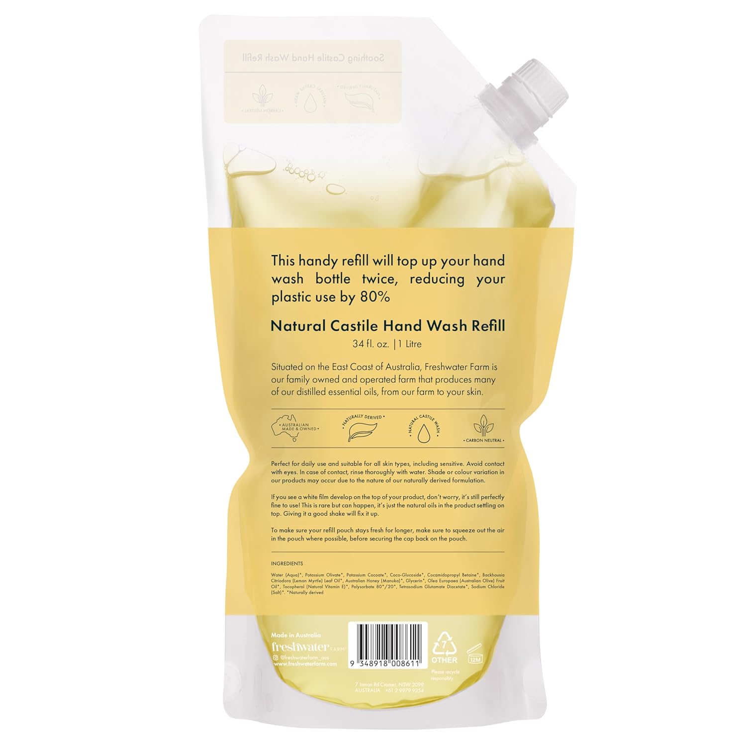 FRESHWATER FARM AUSTRALIA | Lemon Myrtle Oil and Manuka Honey Soothing Castile Hand Wash REFILL Pouch | 34 fl oz