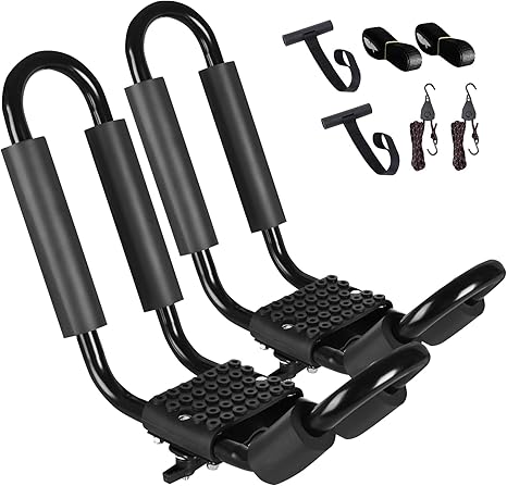 RackPro 1 Pair Heavy Duty Kayak Roof Rack, J-Bar Roof Rack with 1 Set Ratchet Tie Straps for Kayak Canoe Boat Surf Ski on SUV Car Truck Crossbar