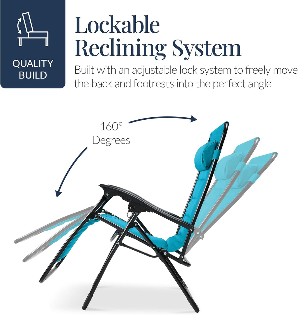 Best Choice Products - Oversized Padded Zero Gravity Chair, Folding Recliner w/ Headrest, Side Tray - Aqua Blue
