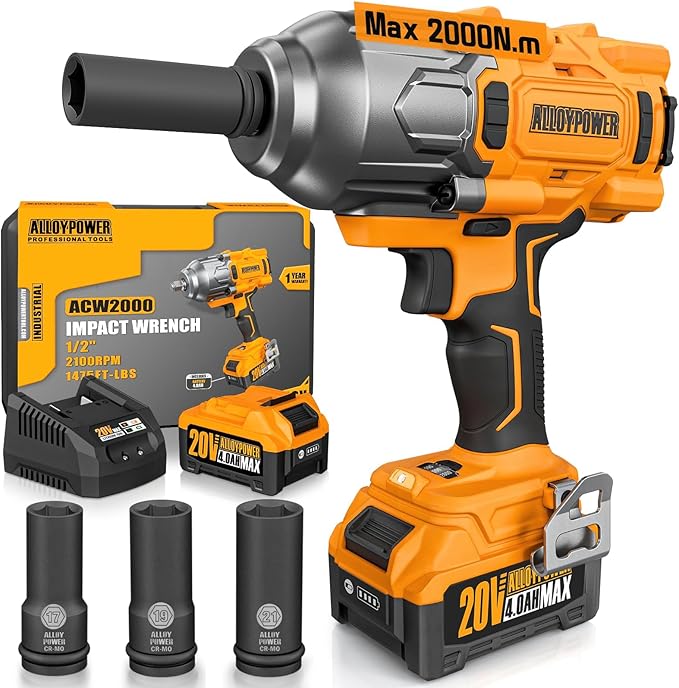 ALLOYPOWER Cordless Brushless Impact Wrench, 1475 ft-lbs (2000N.m), 1/2 High Torque power impact gun, 3-Mode Speed, 4000mAh Battery, 3 Sockets, Electric Impact Wrench Set for Car Tire Truck RV Mower