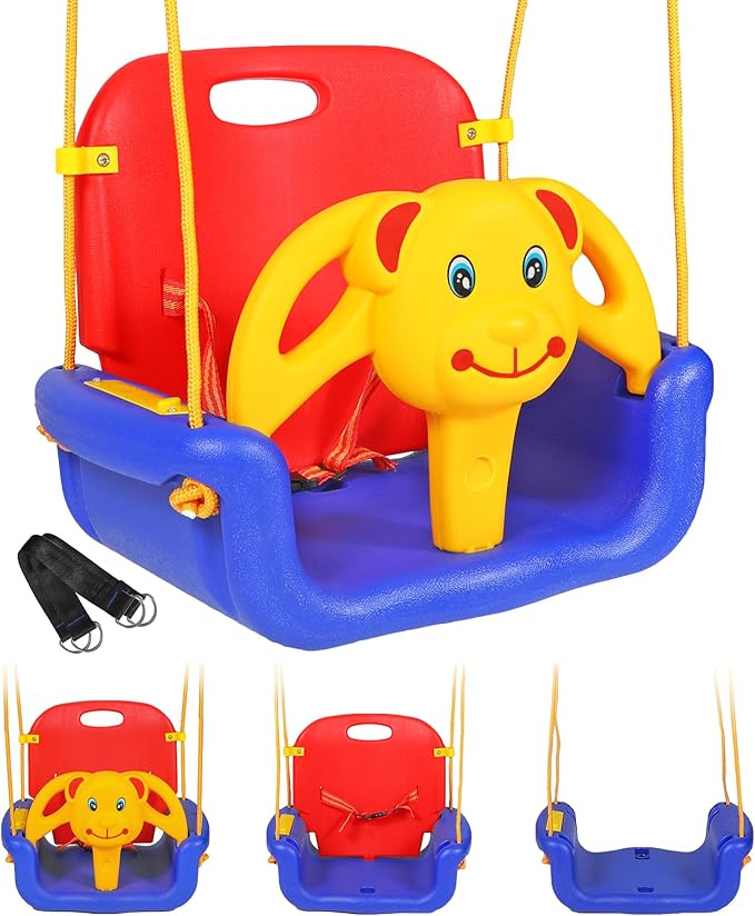 RedSwing 3 in 1 Toddler Swing with Chinese Music, Thickened Large Baby Swing Seat, Anti-Flip Snug and Secure Detachable Infants to Teens Kids Swing Seat for Outside Playground, Red Blue Yellow(New Open Box)