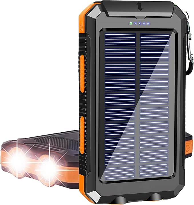 Solar Charger, 10000mAh Portable Solar Power Bank for All Cellphones, Waterproof Battery Pack, Outdoor External Backup Power Charger Dual USB 5V Outputs/LED Flashlights, Perfect for Camping Travel