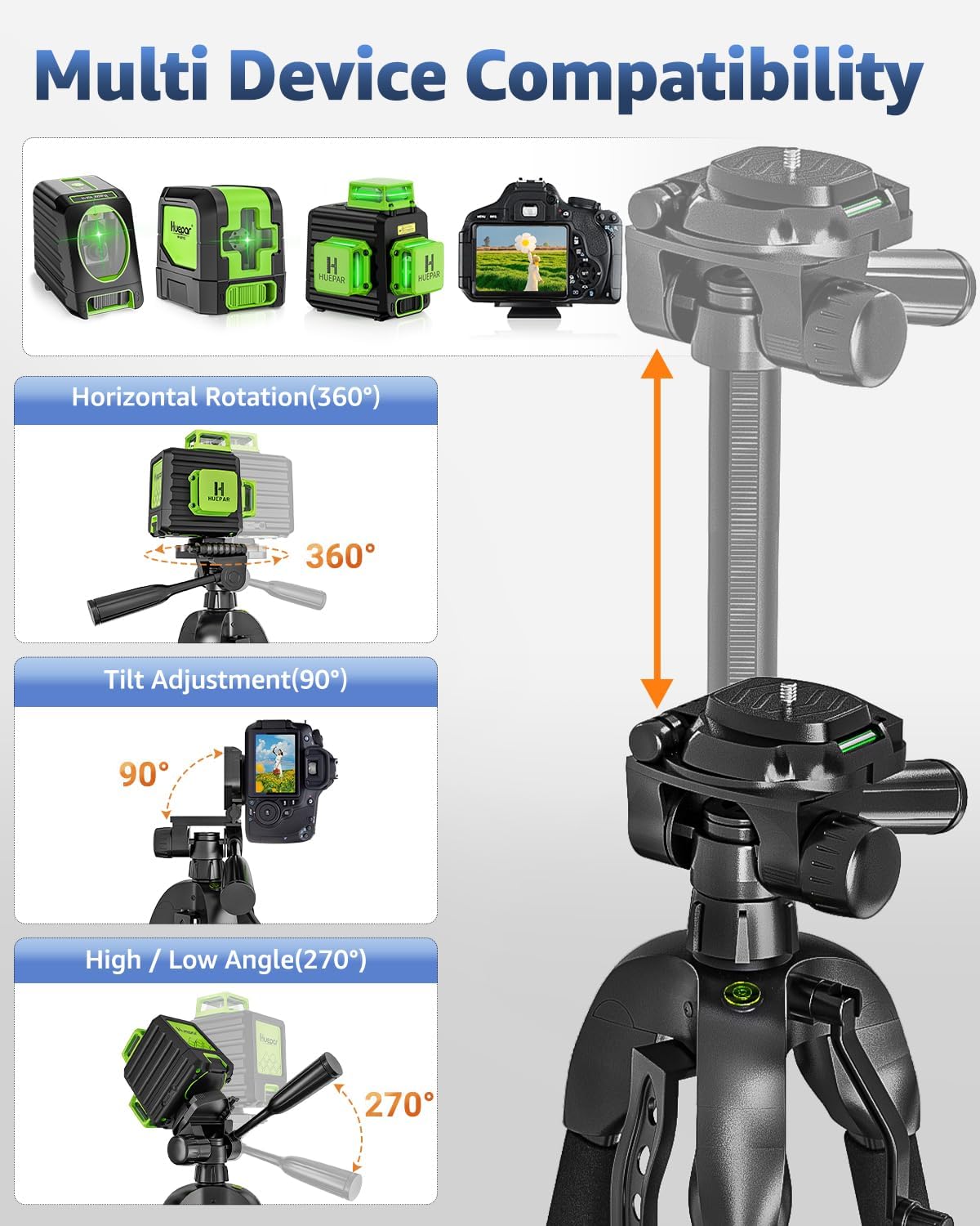 *Laser Level Tripod, Huepar 56” Extendable Height Tripod for Line Lasers, Point Lasers, Laser Distance Measures, 1/4" and 5/8" Thread Mount, Multi-Function Hook, Non-Skid Feet, TPD14