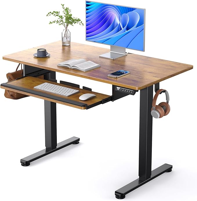 ErGear Electric Standing Desk with Keyboard Tray, 44x24 Inches Adjustable Height Sit Stand Up Desk, Home Office Desk Computer Workstation, Vintage Brown