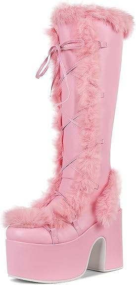 CELNEPHO Knee High Boots For Womens Side Zipper Warm Faux Fur Platform Chunky Heel Punk Goth Walking Winter Snow Boots