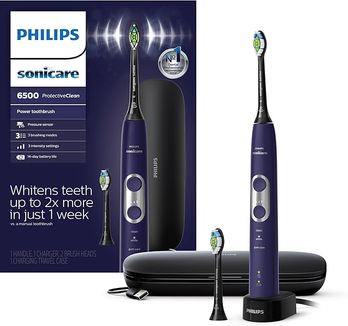 PHILIPS Sonicare Protective Clean 6500 Rechargeable Electric Toothbrush with Charging Travel Case and Extra Brush Head, Deep Purple, 2 Count