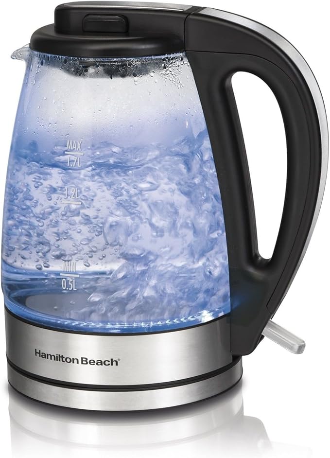 Hamilton Beach 1.7 L Glass Electric Kettle for Tea and Water, Cordless, LED Indicator, Auto-Shutoff and Boil-Dry Protection, Brushed Metal (40865), Clear