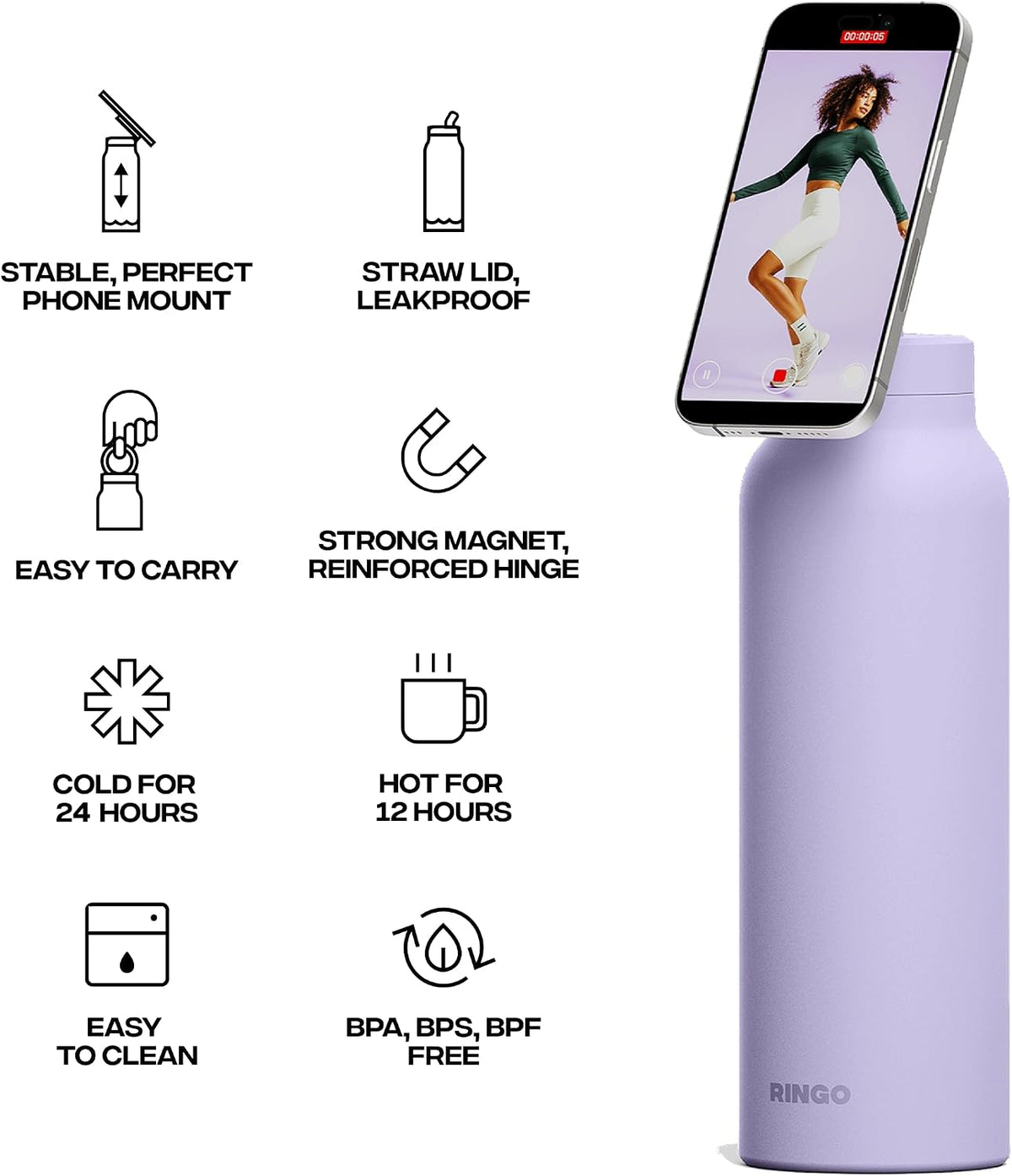RINGO PRO Insulated Water Bottle, Magnetic Phone Tripod Mount - Lilac - 24 oz
