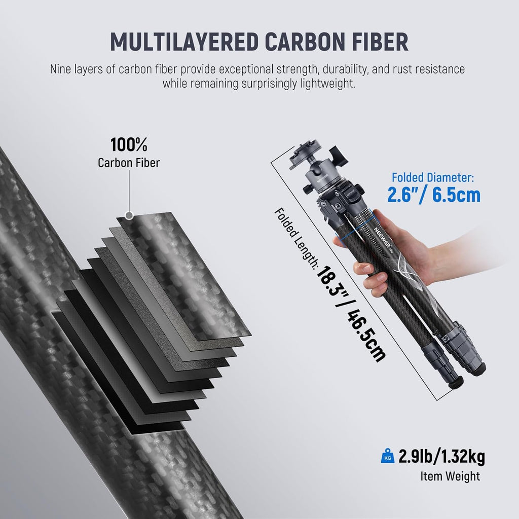 NEEWER LITETRIP LT34 62" Travel Tripod Carbon Fiber with Removable 360° Panorama Head, Center Axis, Fast Flip Buckle, Arca QR Plate Compatible with PD, Max Load 22lb/10kg