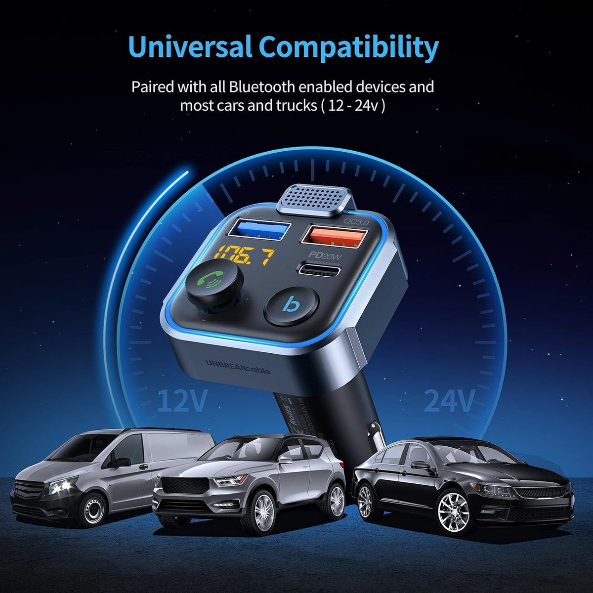 UNBREAKcable Bluetooth 5.3 FM Transmitter for Car Radio Adapter Charger