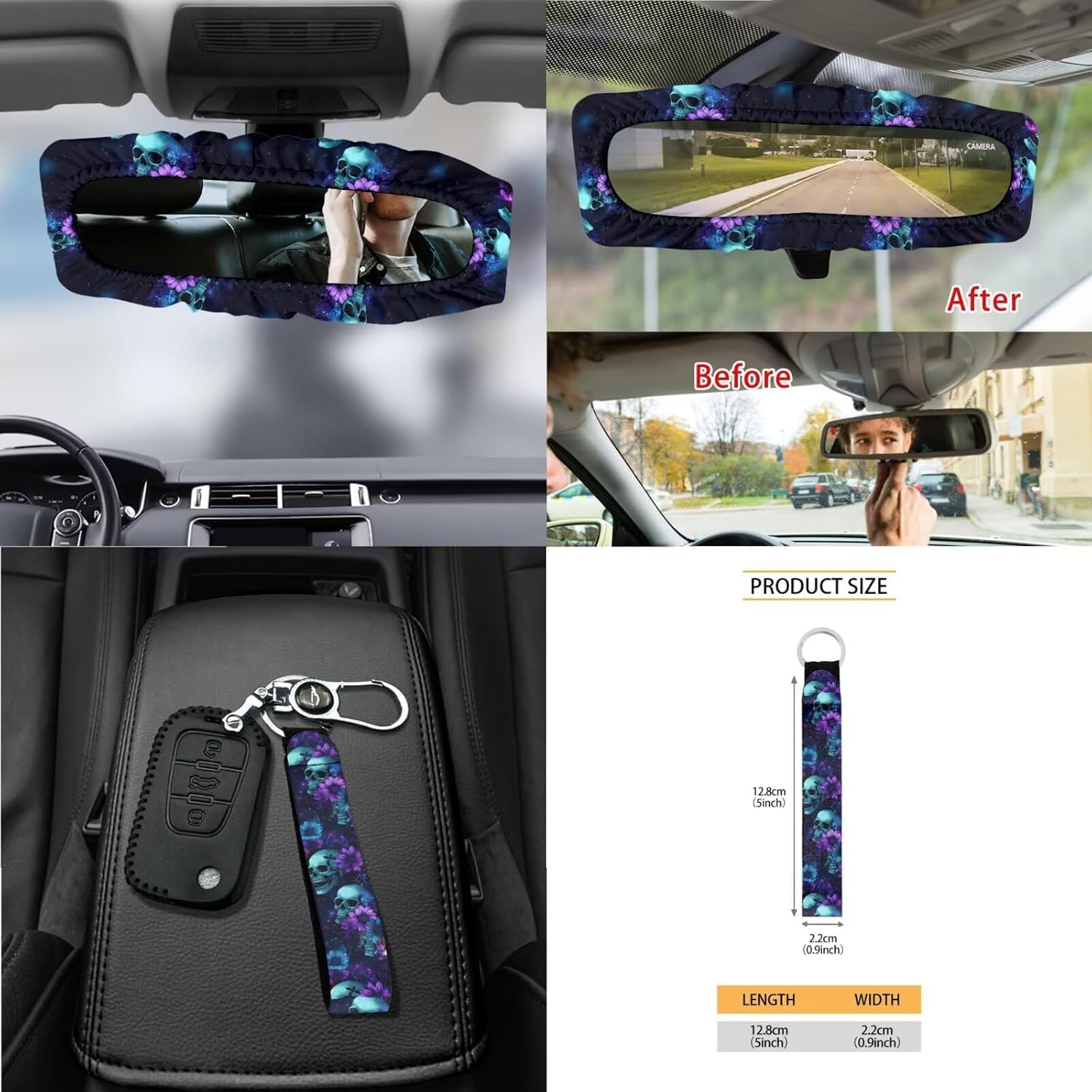 Baxinh Skull Floral Print 15pc Car Accessories-Blue/Skull Floral