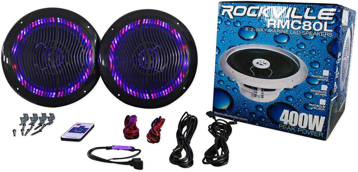 Rockville - 8" Marine LED Speakers, 800W Peak, Black