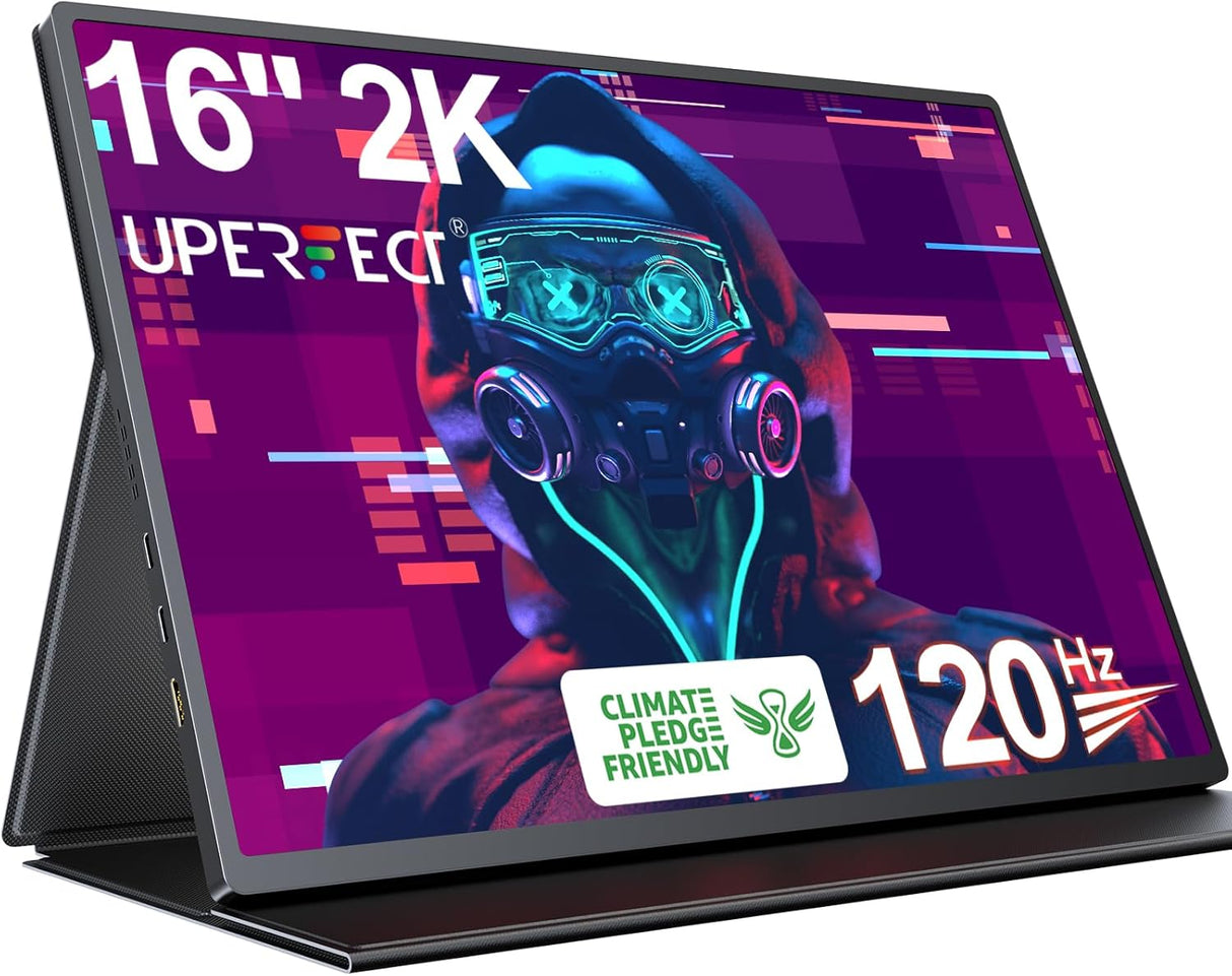 UPERFECT 2K 120Hz Portable Gaming Monitor, 16" 2560x1600 QHD Portable Monitor HDR FreeSync Laptop Monitor w/VESA & Smart Case Matte IPS Eye Care External Second Screen for PC Phone Game Console