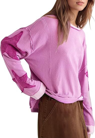 Women Oversized Cotton Long Sleeve Shirts Star Crewneck L