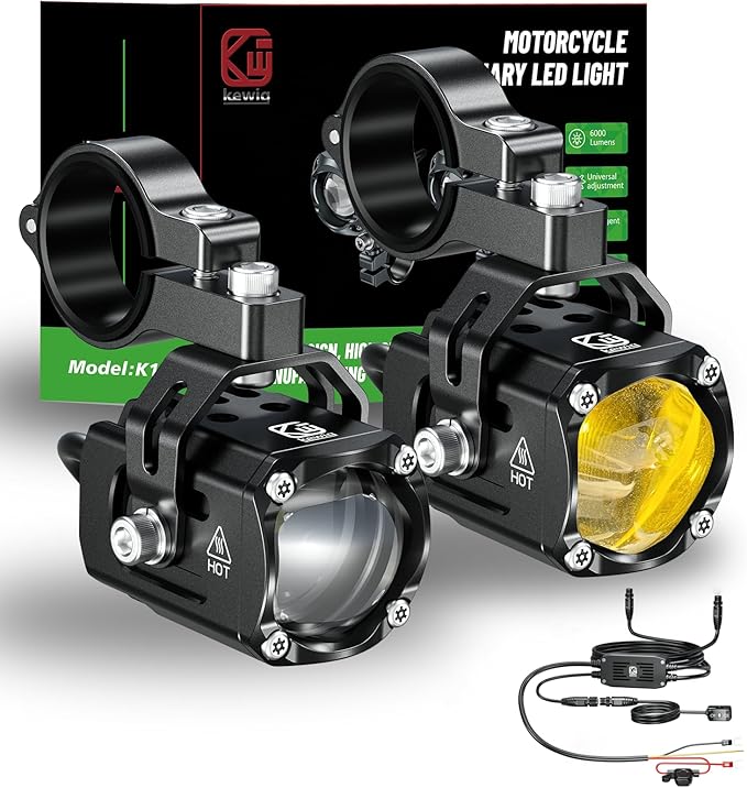 Kewig 60W Motorcycle Auxiliary LED Fog Light Driving Spotlights White/Amber Fog Light Kit with Switch Mount Brackets Wire Harness Switch Waterproof Offroad Work Lights for Motorcycle ATV Truck