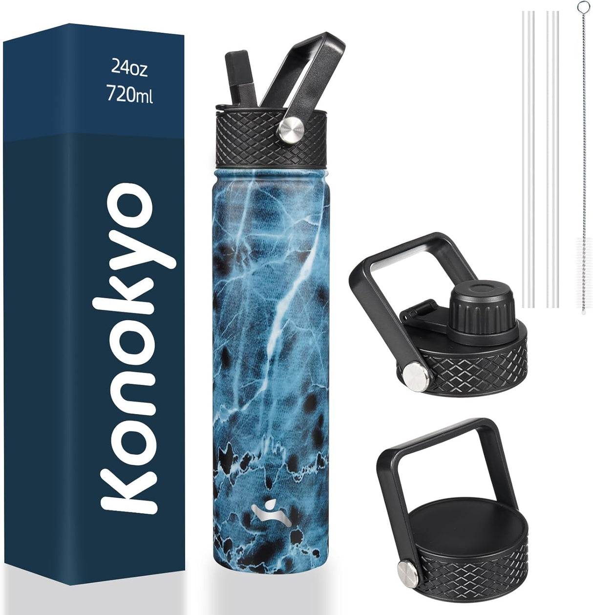 Insulated Water Bottle 24oz Stainless Steel Sport Bottles with 3 Lids
