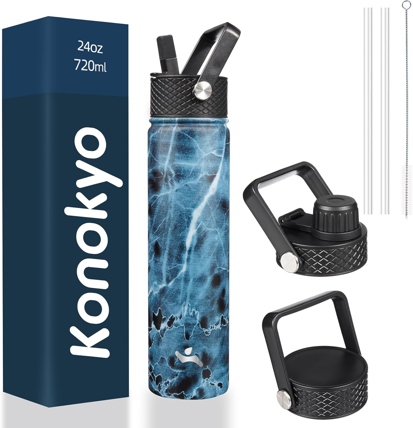Insulated Water Bottle 24oz Stainless Steel Sport Bottles with 3 Lids