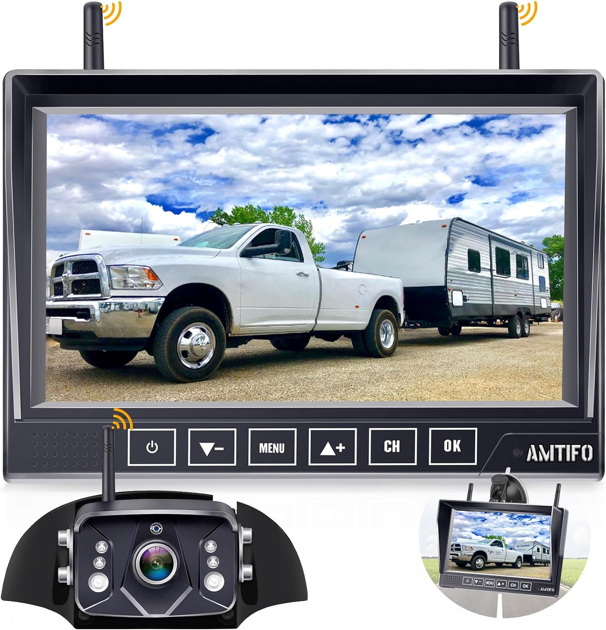 Amtifo Wireless Backup Camera for Furrion RV: 7-Inch Recording Plug-Play Easy Setup Truck Trailer Back Rear View Camera Touch Button Monitor Split Screen 4 Channels AMTIFO A7