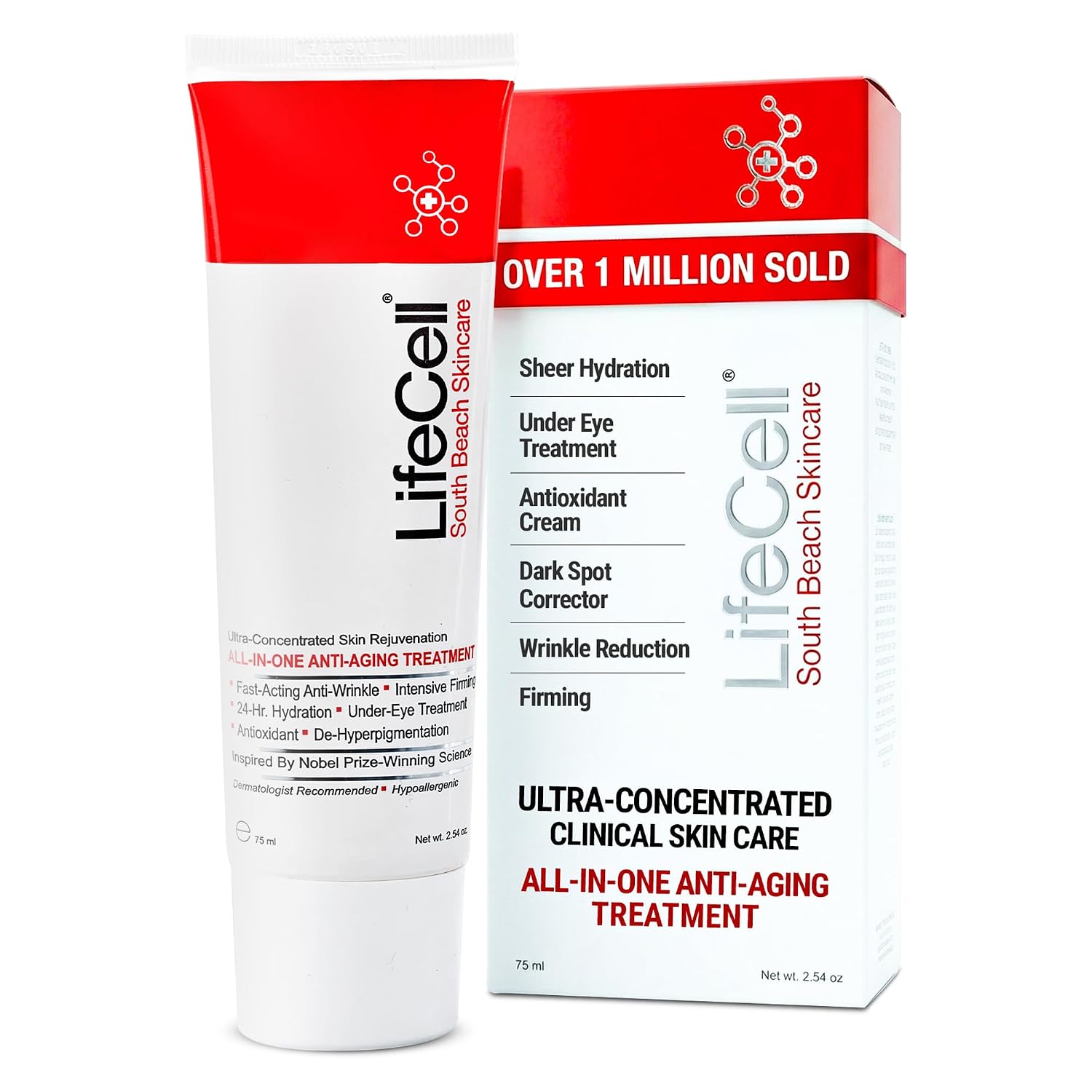 LifeCell Anti-Aging Cream for Wrinkles, Fine Lines & Dark Circles, 2.54oz | All-in-One Formula with Retinol, Vitamin C, DMAE & Hyaluronic Acid – Targets Sun Damage, Fragrance-Free, All Skin Types