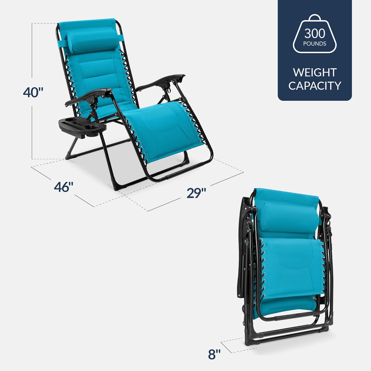 Best Choice Products - Oversized Padded Zero Gravity Chair, Folding Recliner w/ Headrest, Side Tray - Aqua Blue