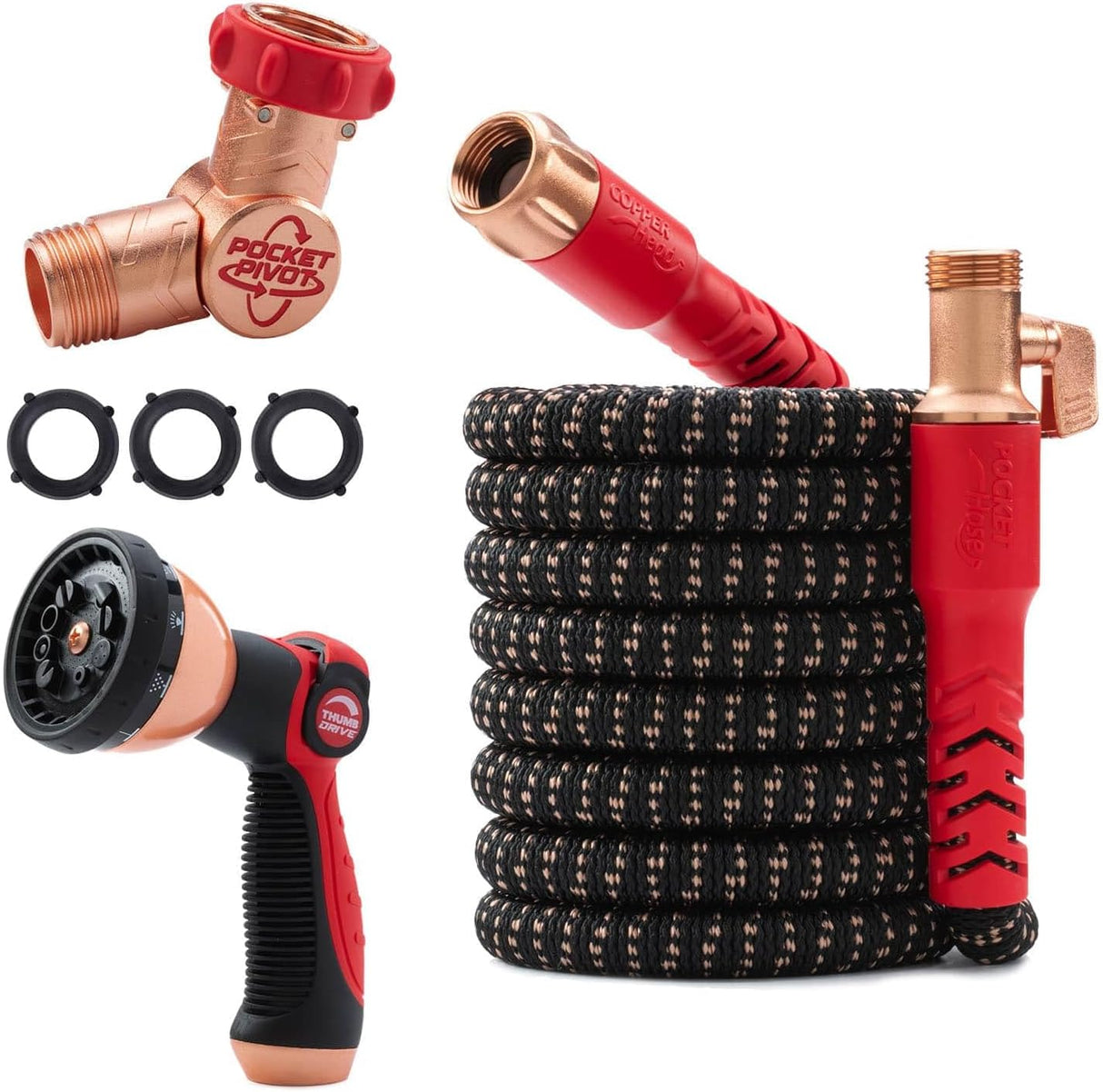 Pocket Hose Copper Head UV w/Pocket Pivot, Expandable Garden Hose 50 FT w/10 Pattern Thumb Sprayer AS-SEEN-ON-TV 650psi 3/4in Ultra-Light Solid Copper Anodized Aluminum Fittings No-Kink No-Lead Visit the Pocket Hose Store