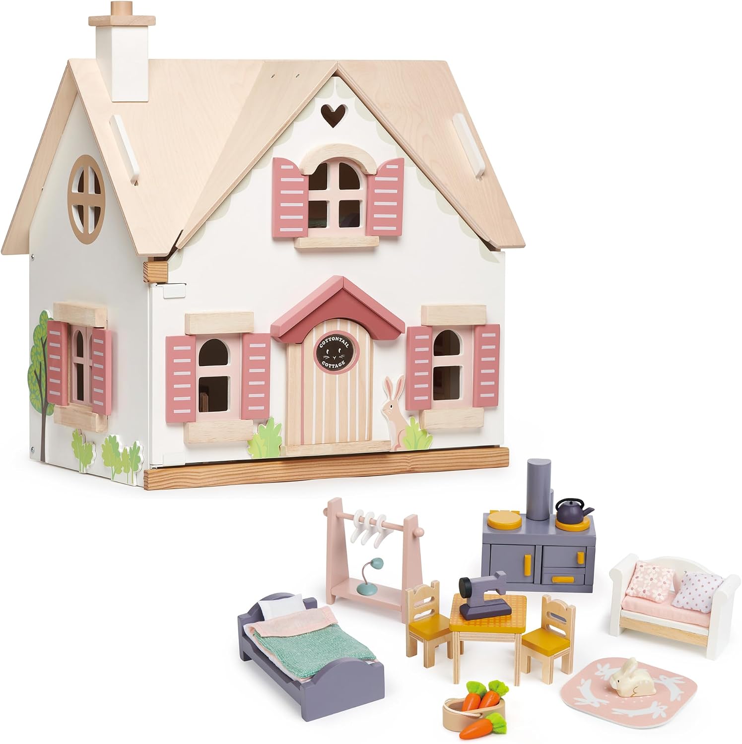 Tender Leaf Toys - Cottontail Cottage - Furnished 18.7" Tall Countryside Cottage Pretend Play Doll House