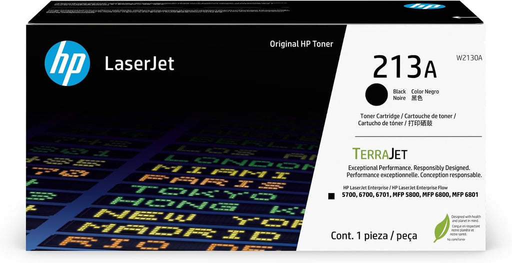 HP 213A Black Original LaserJet Toner Cartridge, W2130A. Works with HP Printer Series: 5700, 5800, 6700, 6701, 6800, 6801.