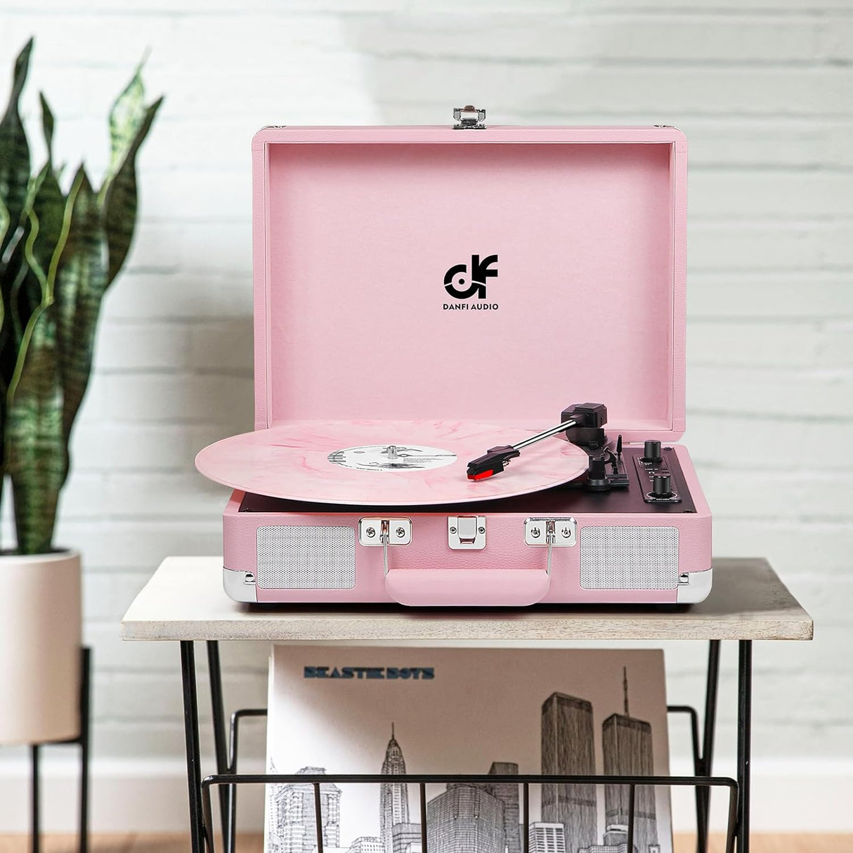 Danfi Audio Vintage Pink Suitcase Record Player - 3-Speed Turntable with Bluetooth, USB Recording, MP3 Converter, Speakers, Stylus 3098