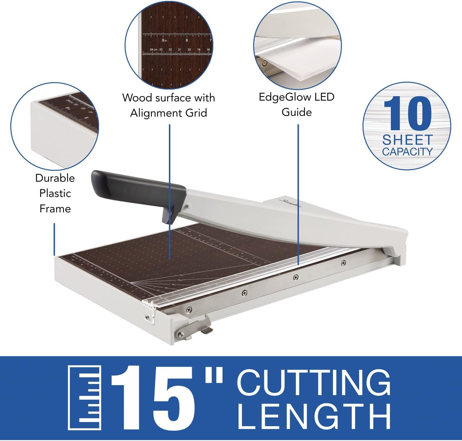 Swingline Paper Trimmer, Guillotine Paper Cutter, 15" Cut Length, 10 Sheet Capacity, Wood