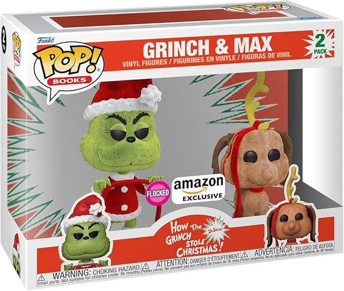 Funko Pop! Books: How The Grinch Stole Christmas - Grinch with Max, 2-Pack (Flocked), Amazon Exclusive (New, Open Box) *Damaged Box*