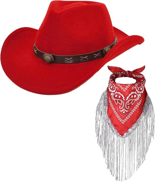 Ibeauti Cowboy Hat (Color: RED) with Fringed Bandana Set for Women Wide Brim Western Cowgirl Hat Paisley Head Wrap Scarf (Copy)