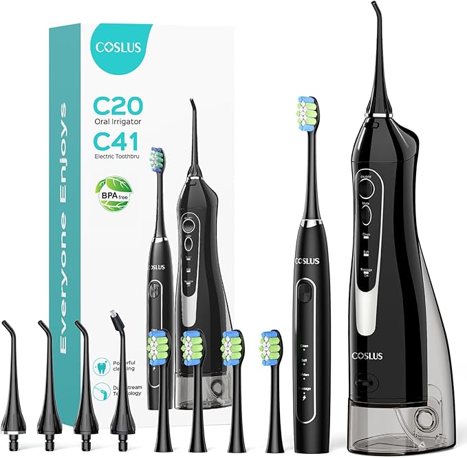 COSLUS Professional Water Flosser & Electric Toothbrush Combo for Teeth, Braces, Gums Care - Simple & Easy to Use, Rechargeable, Waterproof, Cordless & Portable for Travel, BPA-Free, Black, C20 & C41
