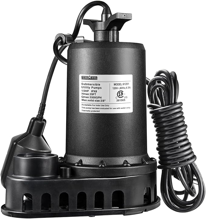 WASSERMANN 1/2HP Sump Pump,3300GPH Thermoplastic Utility Pump Electric Portable Transfer Clean/Dirty Submersible Pump with Float Switch for Pool Tub Garden Pond Draining with 10 FT Cord