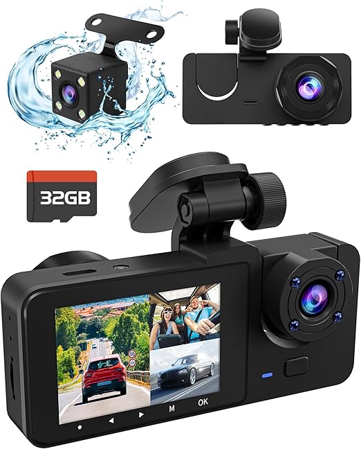 3 Channel 4K Dash Cam, Dash Cam Front and Rear Inside, Dash Camera for Cars, Triple Car Camera with 32GB Card,Built-in G-Sensor, 2’’ IPS Display Car Camera,Loop Recording,24Hr Parking,Night Vision